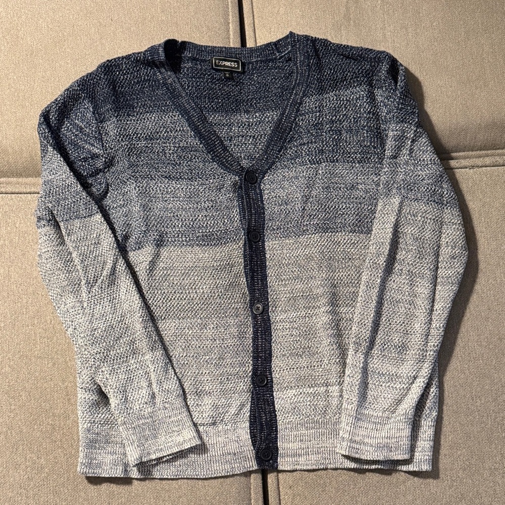 Express Men's Blue and Gray Gradiant Cardigan Sweater: XL